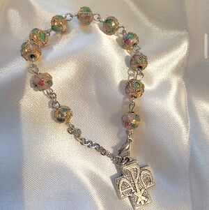 Vintage Gold-tone Cloisonne Bead Rosary Bracelet In Green, Pinks & Other Colors